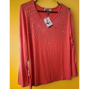 Jorge Perez Womens Viscose Top Medium Nwt Pink Rhinestone Cr60 Longsleeve New